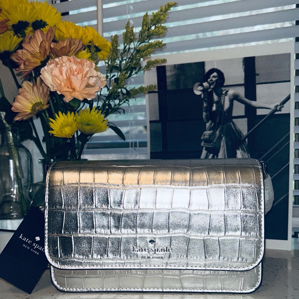 🆕♠️ Kate Spade Madison Croc Embossed Handbag Dual Crossbody Silver NWT🐊